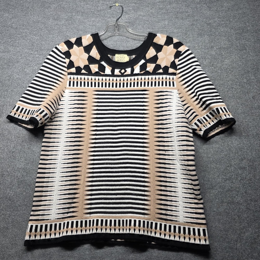 Torn by Ronny Kobo Women's Geometric Knit Top Tunic Black Beige Size M